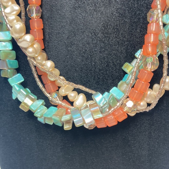 Multi Strand Blue Green Chunk Peach Imitation Pearl Necklace 23" - Picture 2 of 16